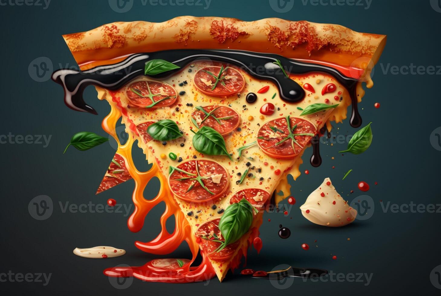 rebanada de delicioso Pizza en oscuro antecedentes. generativo ai foto