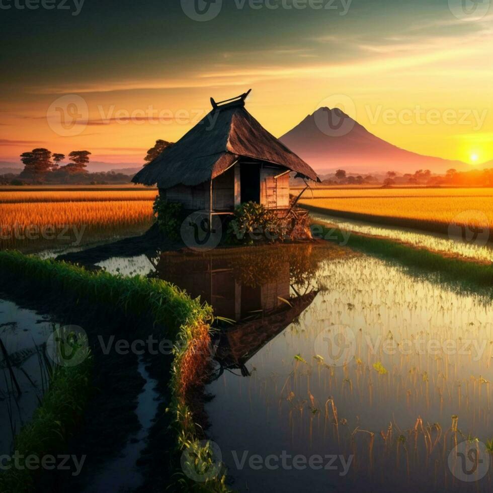 photo of a hut with mountain views and sunset in the rice fields