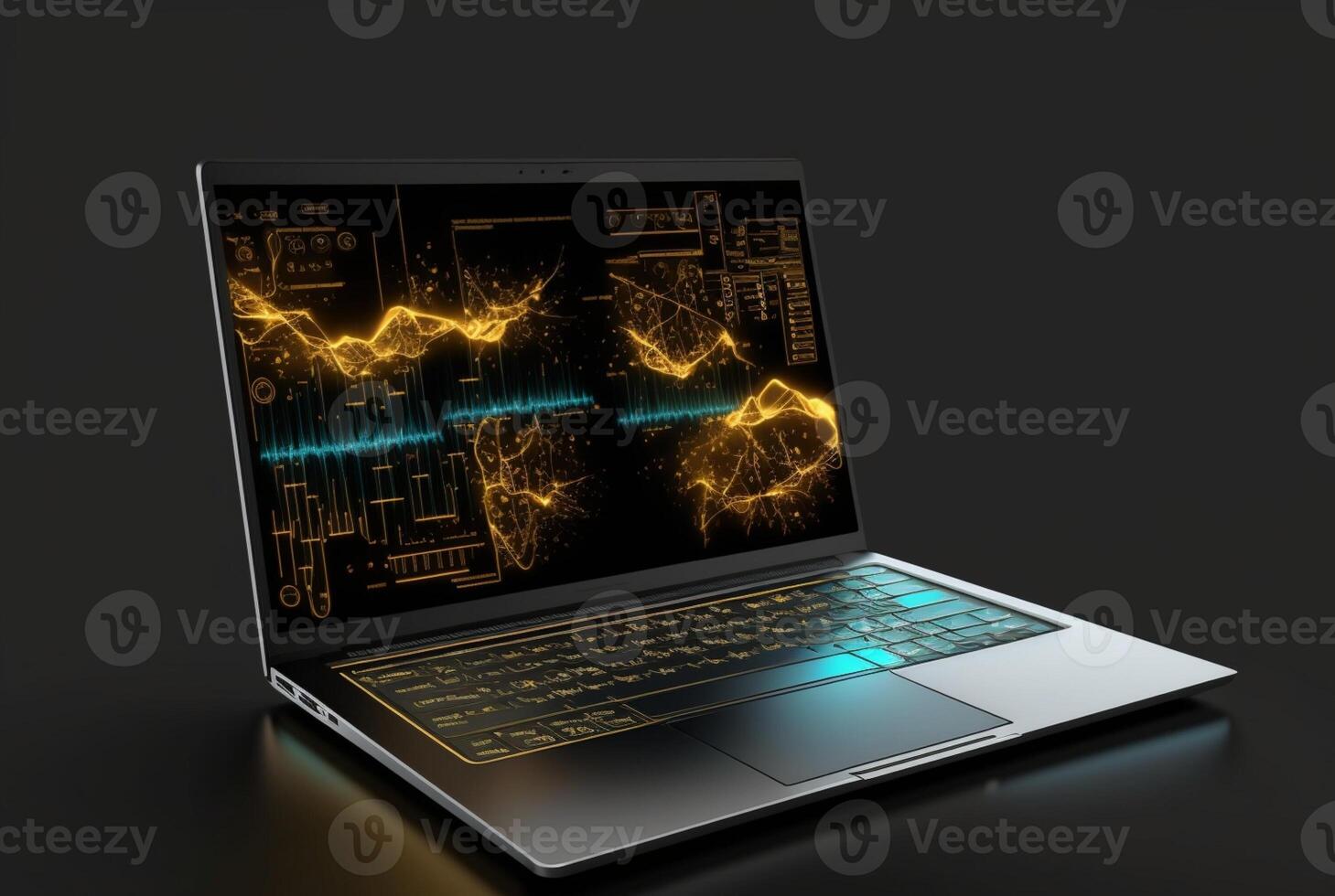 laptop with data analytics isolated black background. photo