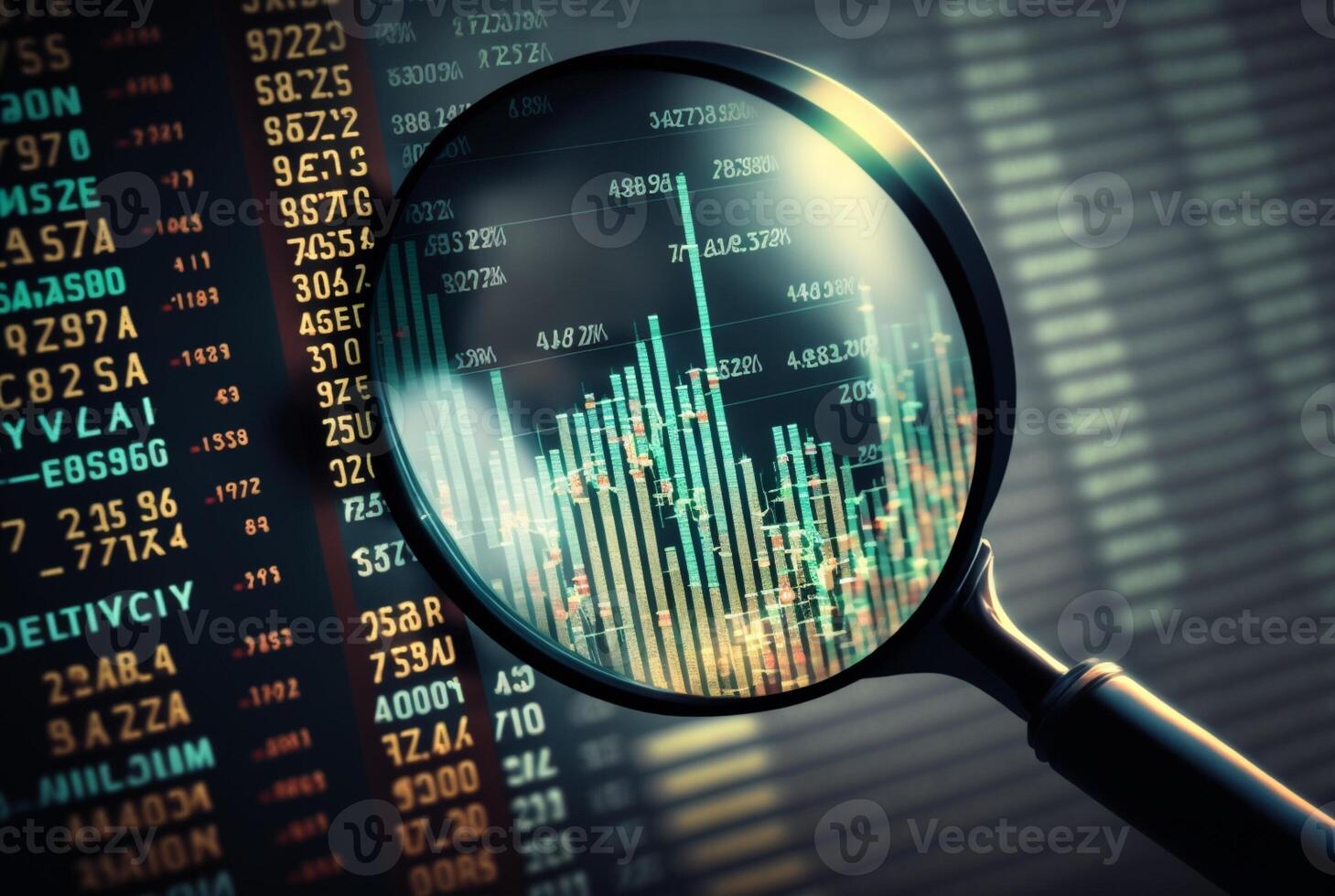 Magnifying glass search for investment and stock market. photo