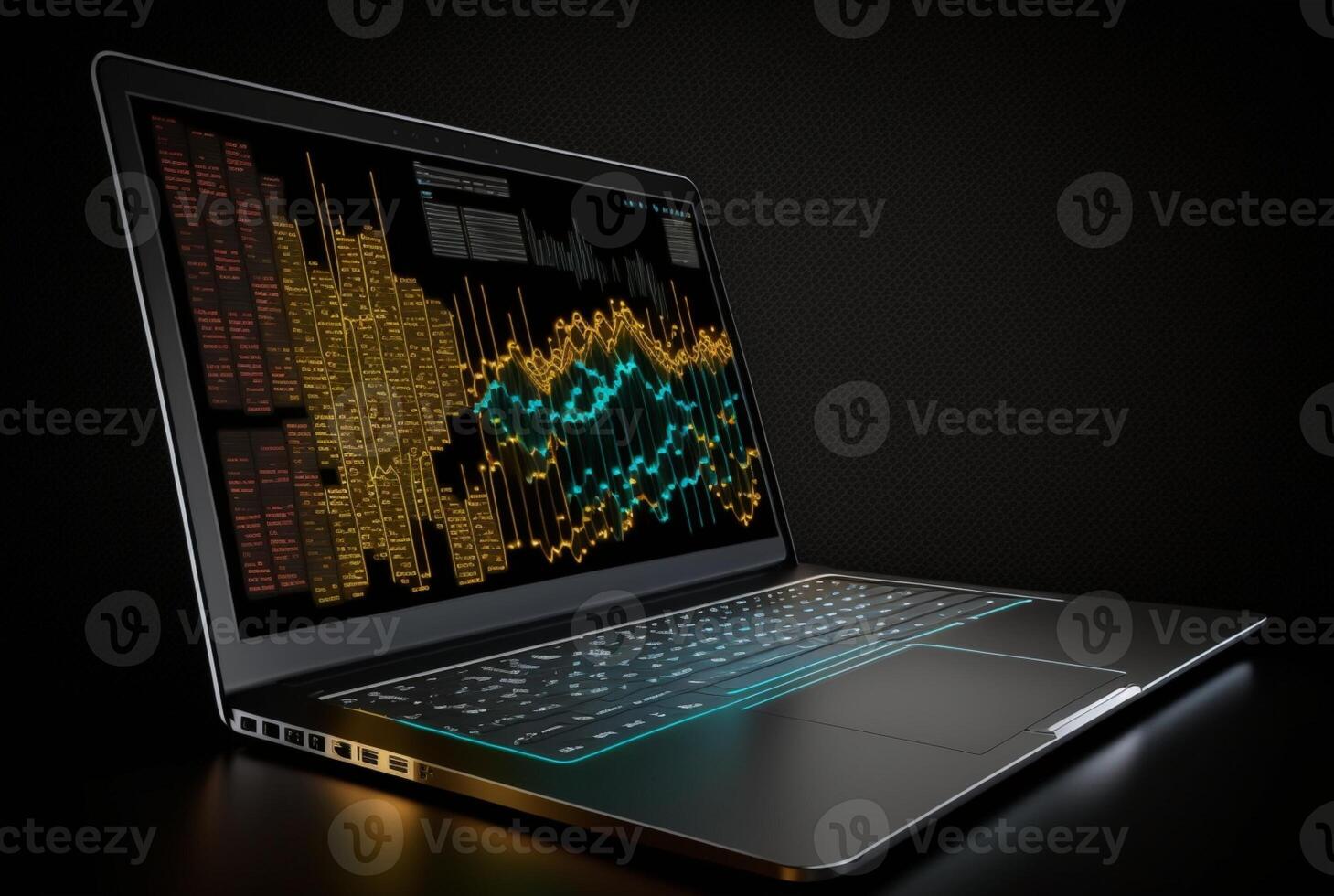 laptop with data analytics isolated black background. photo