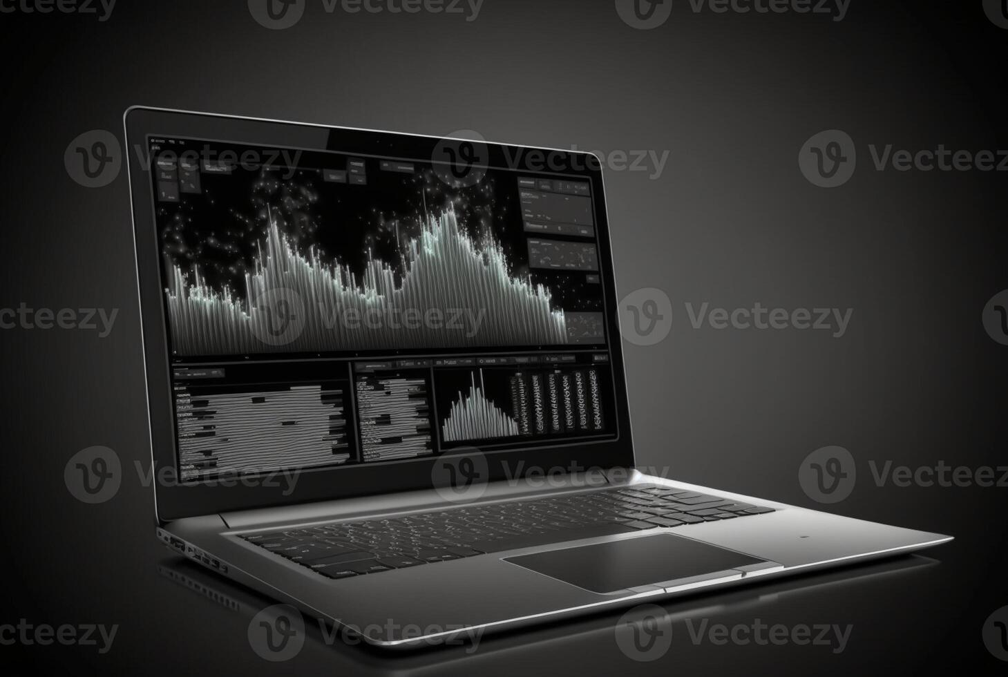 laptop with data analytics isolated black background. photo