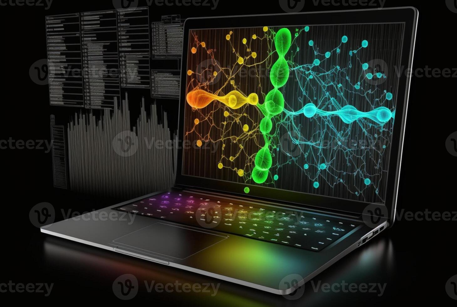 laptop with data analytics isolated black background. photo