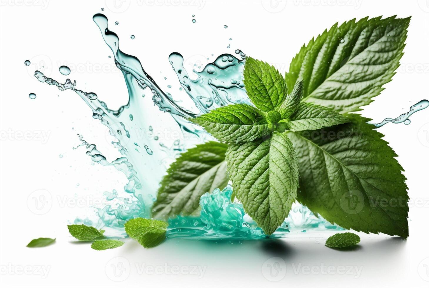 Green mint leaf with water splash isolated on white background. photo