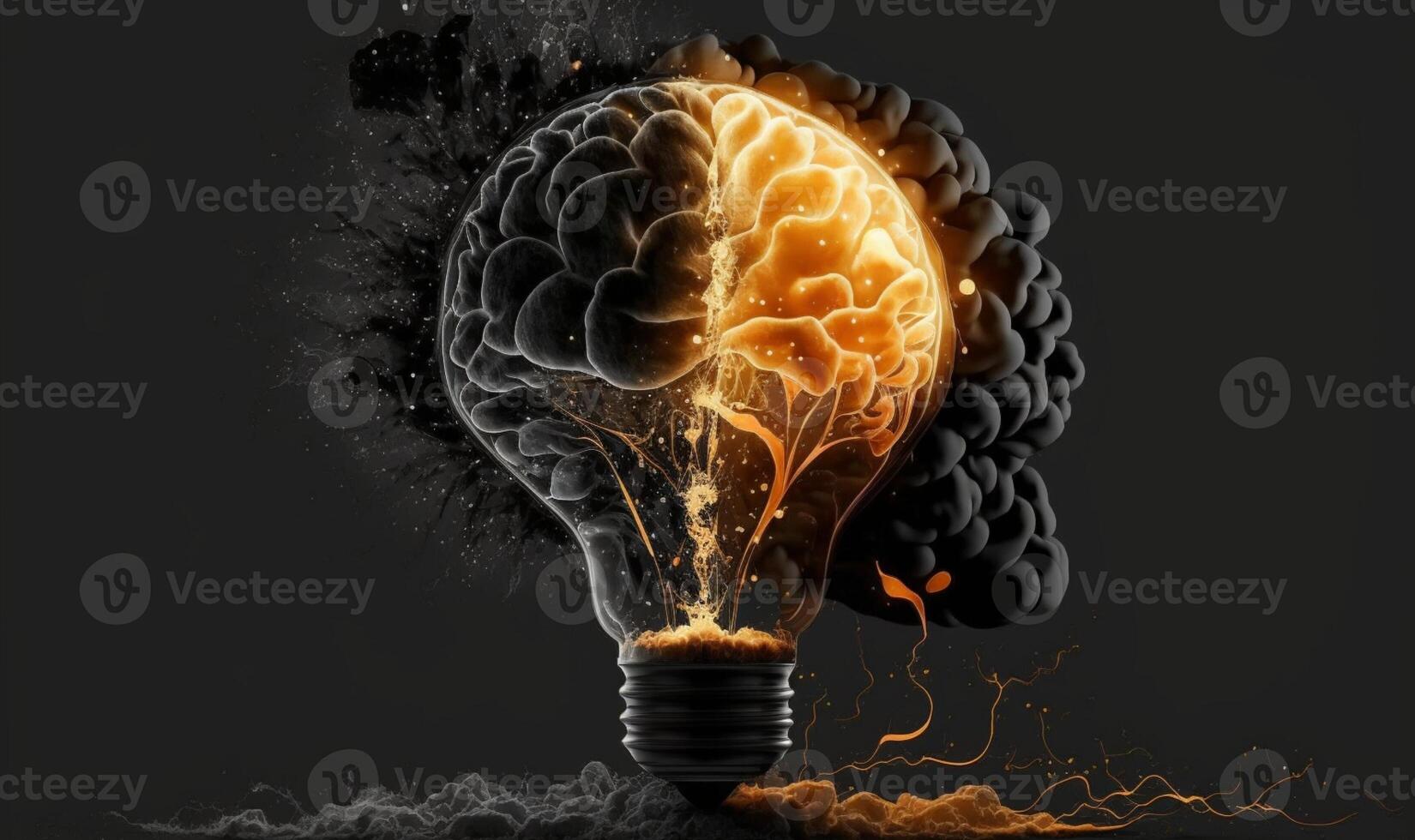 Lightbulb and Human Brain with Inside a lightbulb is a luminous human brain against a dark background. photo