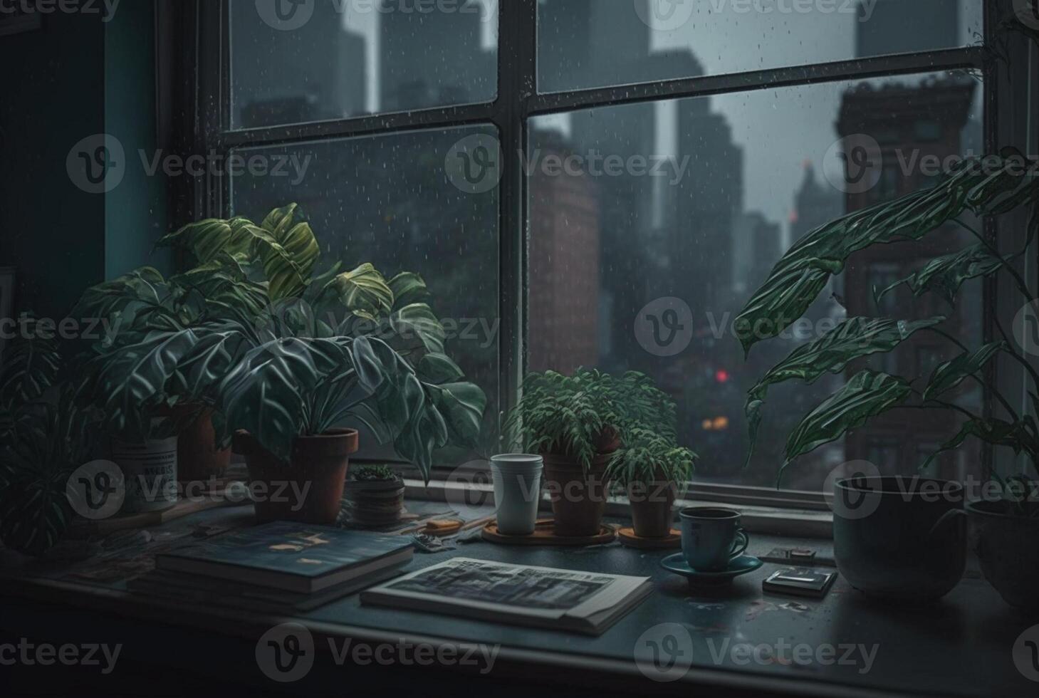 a table with a book and a plant on it in front of a window with a view of the city outside the rainy window. photo