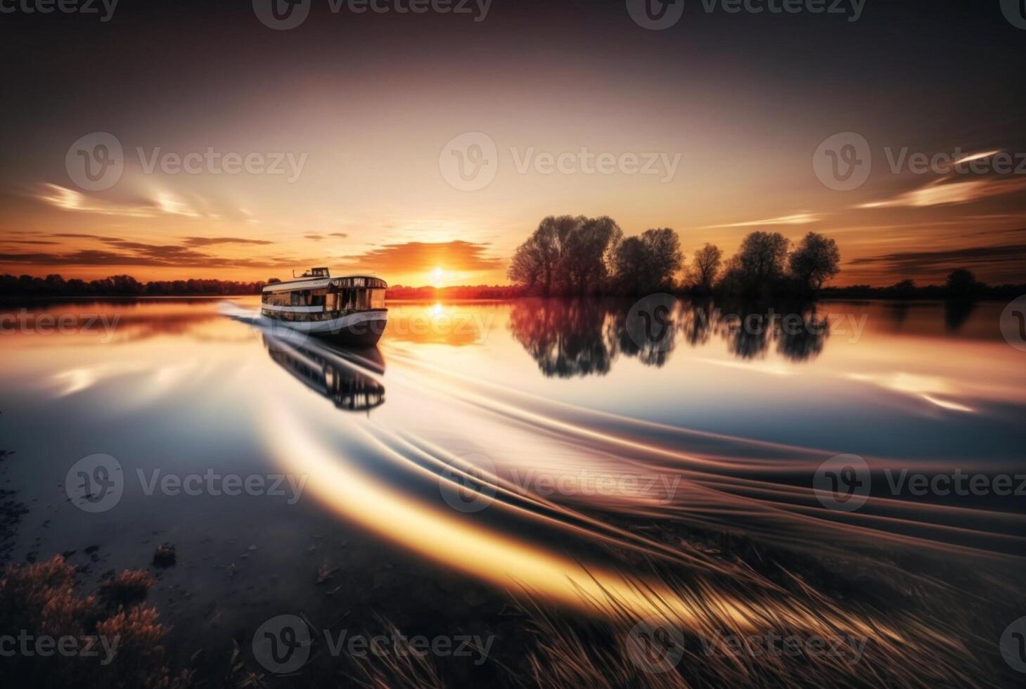 landscape view of ship on river and sunset, photo