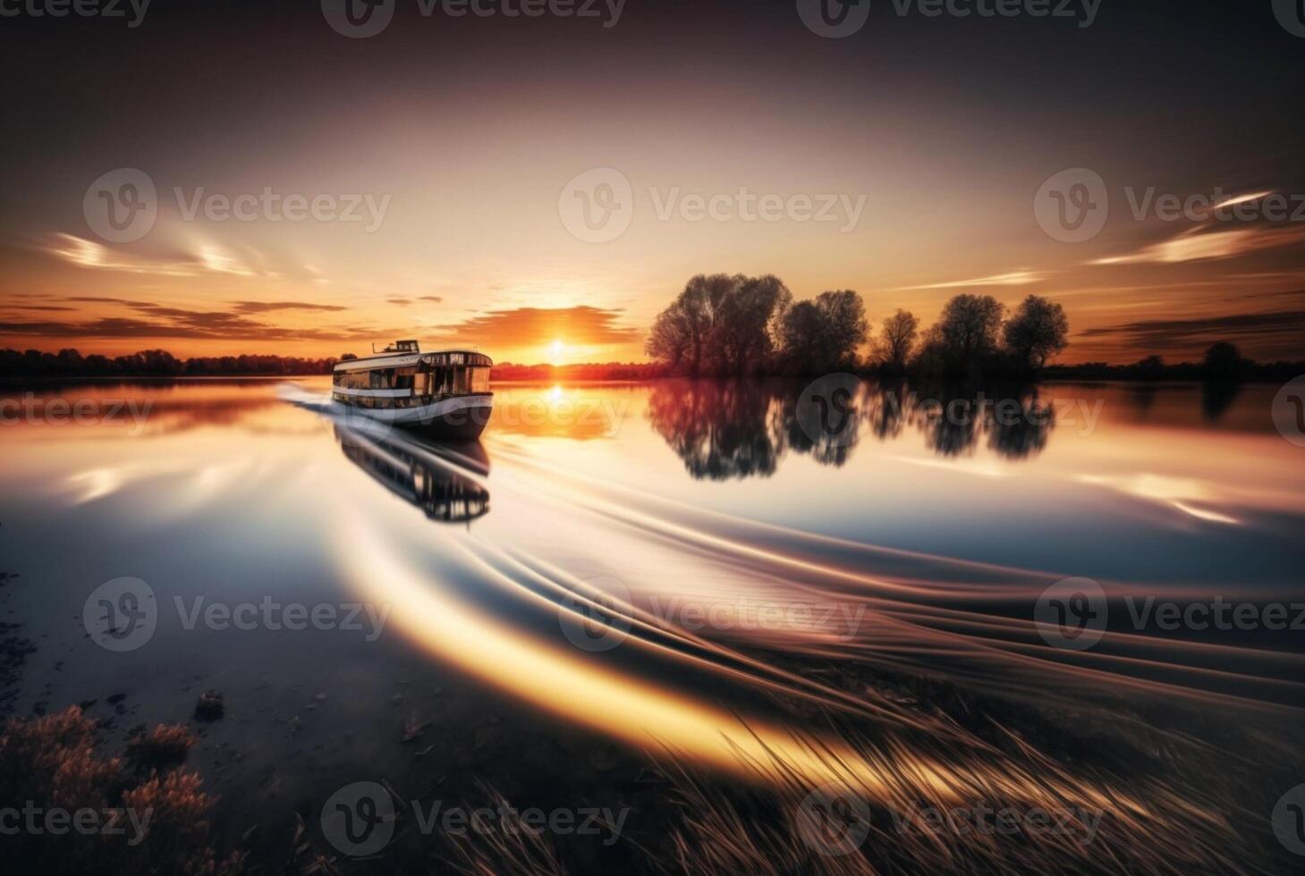 paisaje ver de Embarcacion en río y atardecer, generativo ai foto