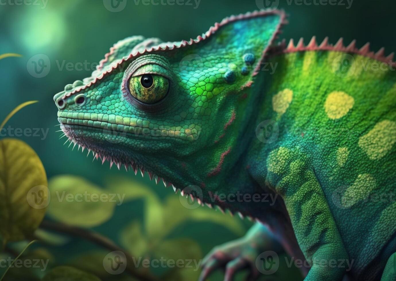 Green colored chameleon close up. . photo