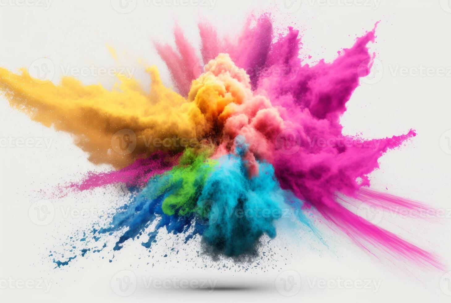 Holi color powder explosion with rainbow on isolated white background, burst of vibrant colors. photo
