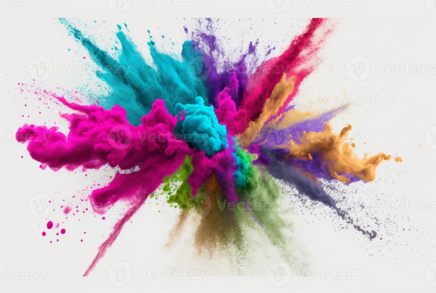 Holi color powder explosion with rainbow on isolated white background, burst of vibrant colors. photo