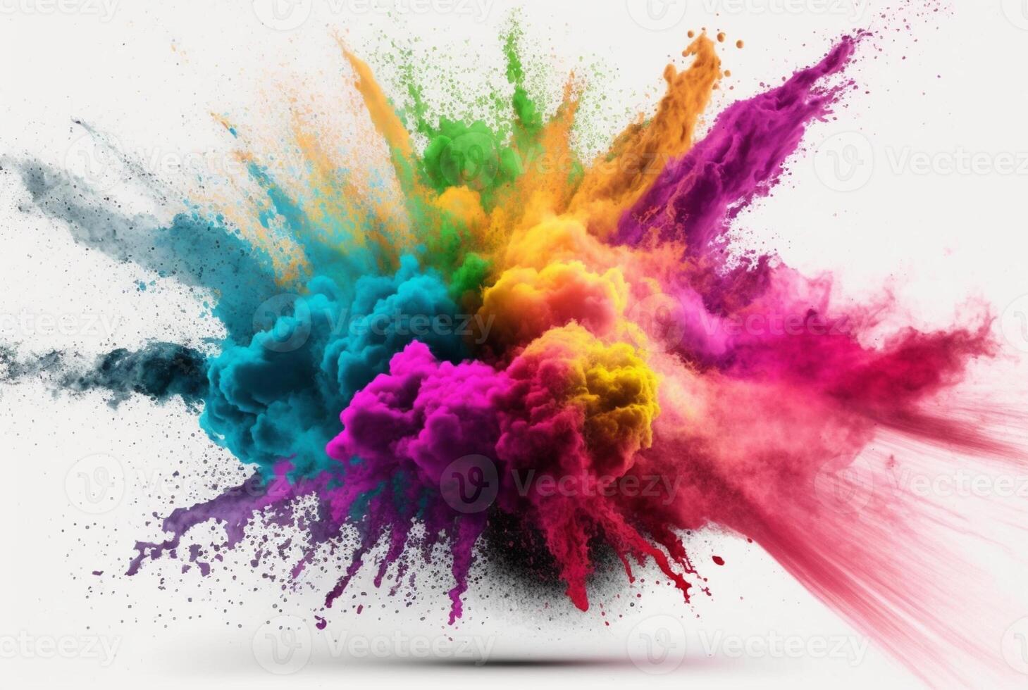 Holi color powder explosion with rainbow on isolated white background, burst of vibrant colors. photo