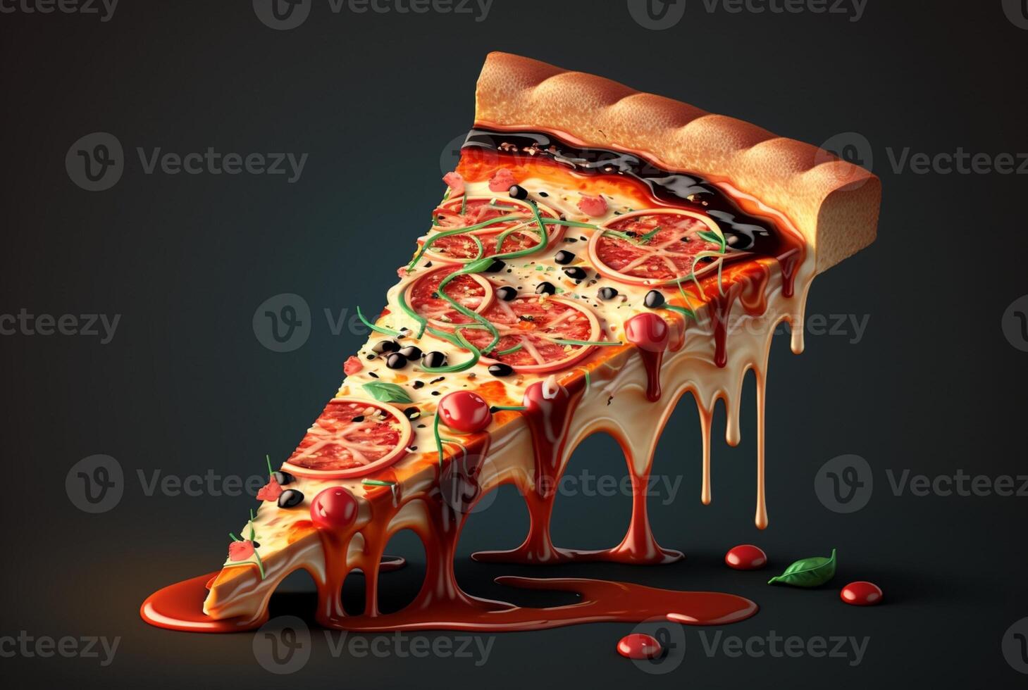 Slice of delicious pizza on dark background. photo