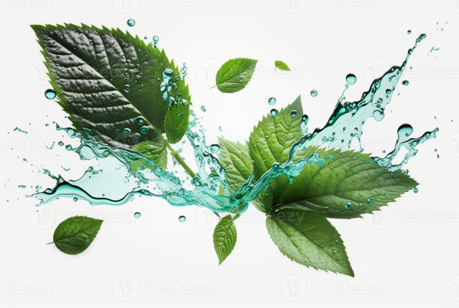 Green mint leaf with water splash isolated on white background. photo