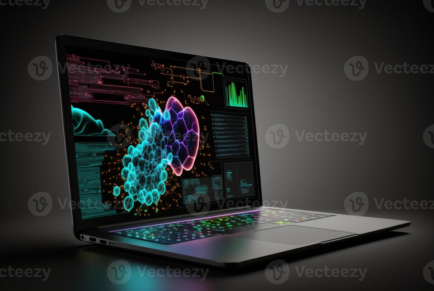 laptop with data analytics isolated black background. photo