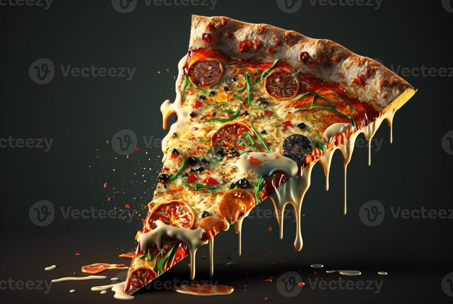 Slice of delicious pizza on dark background. photo