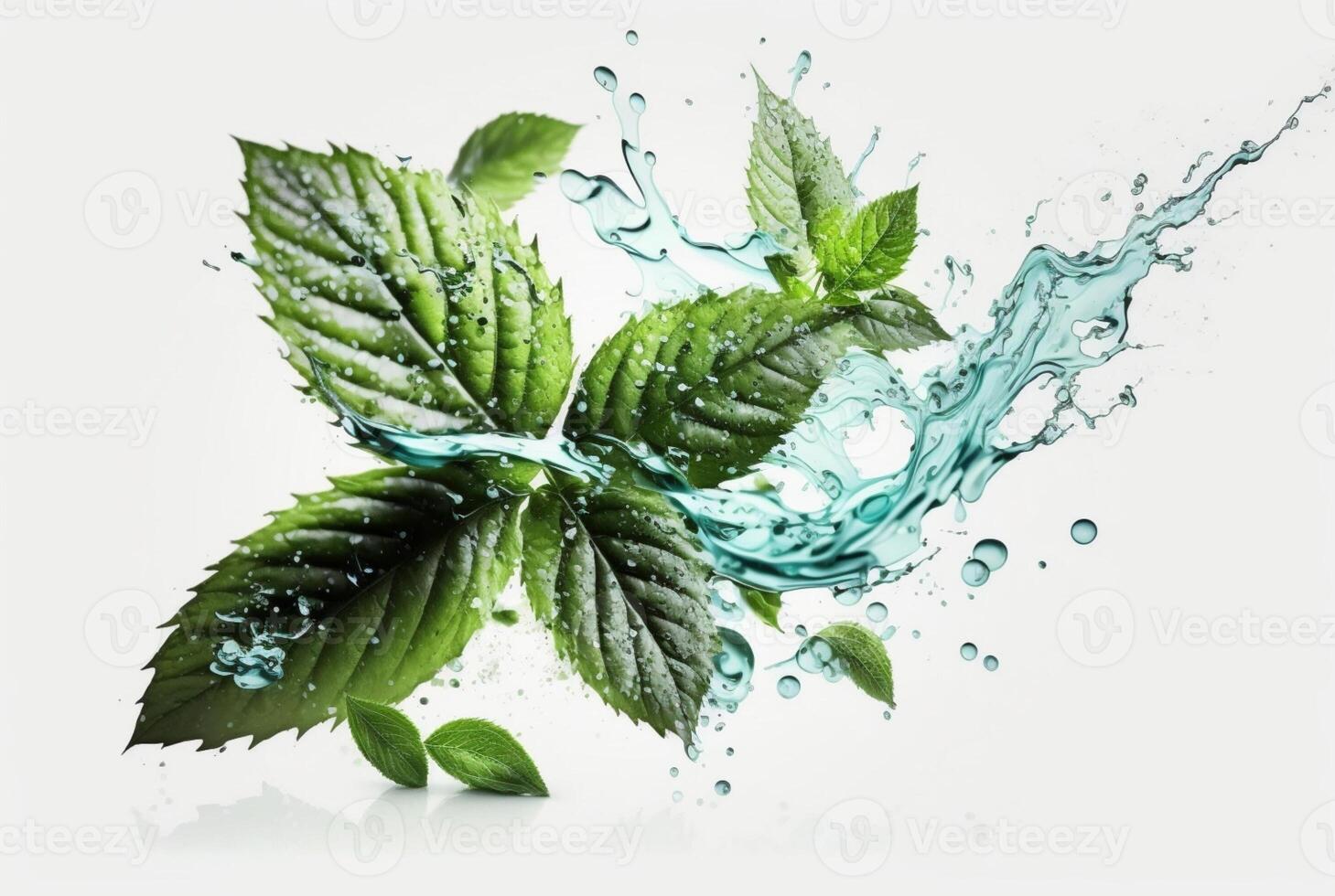 Green mint leaf with water splash isolated on white background. photo