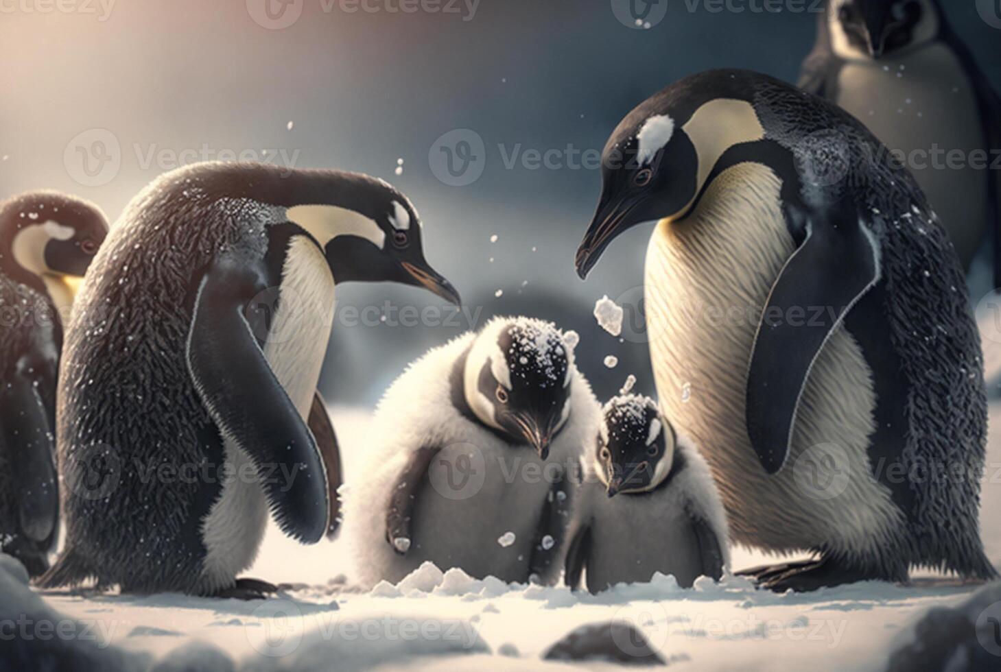 penguins playing in the snow. photo