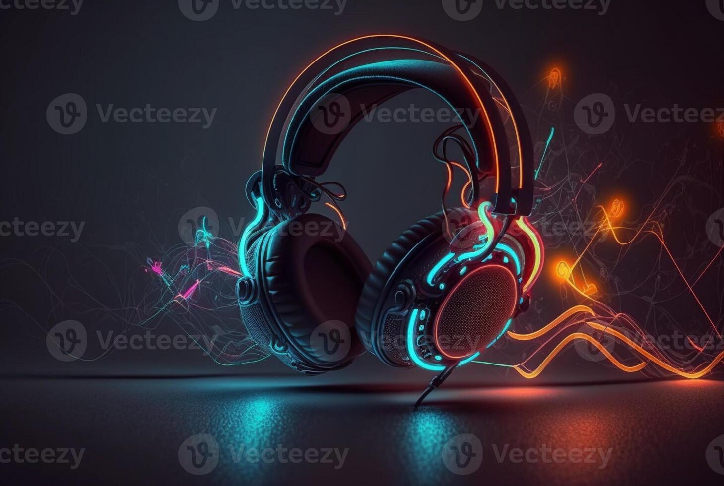 Headphones with neon light on dark background. photo