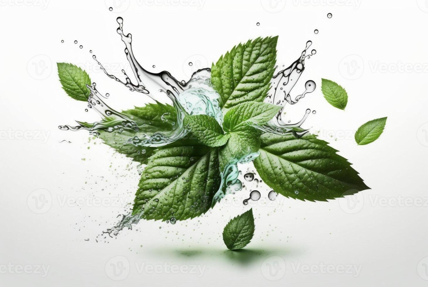 Green mint leaf with water splash isolated on white background. photo