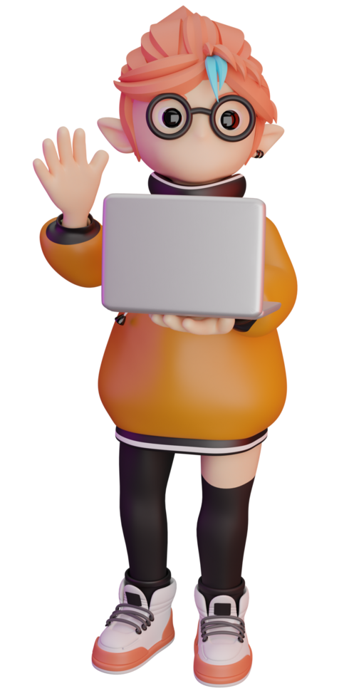 3d character women with laptop png