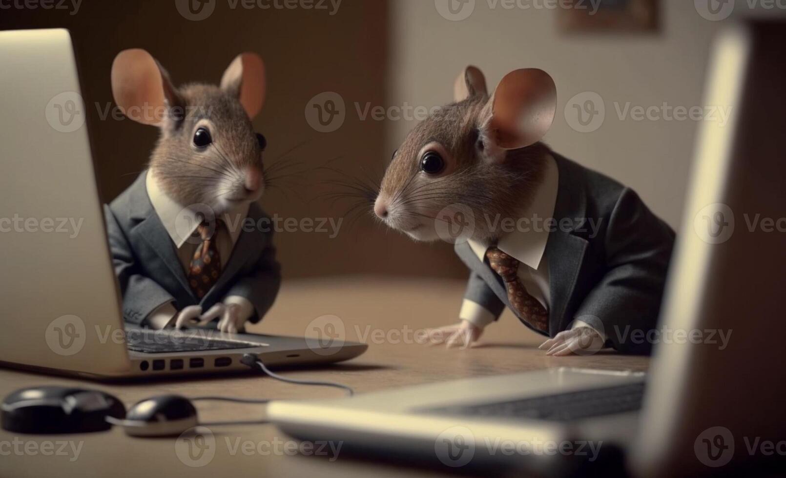 Portrait of businessman mouse wearing suit playing on laptop. photo