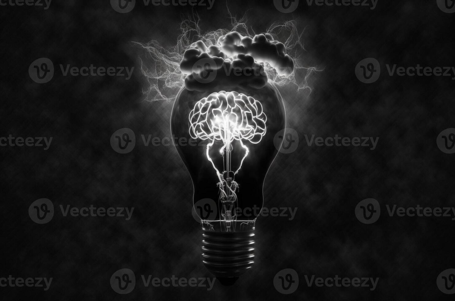 bombilla y humano cerebro con dentro un bombilla es un luminoso humano cerebro en contra un oscuro antecedentes. generativo ai foto