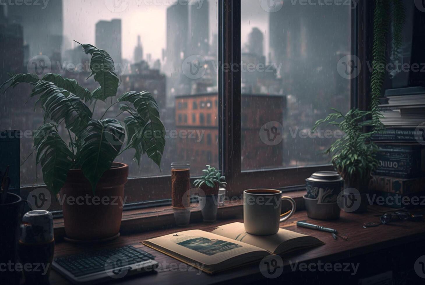 a table with a book and a plant on it in front of a window with a view of the city outside the rainy window. photo