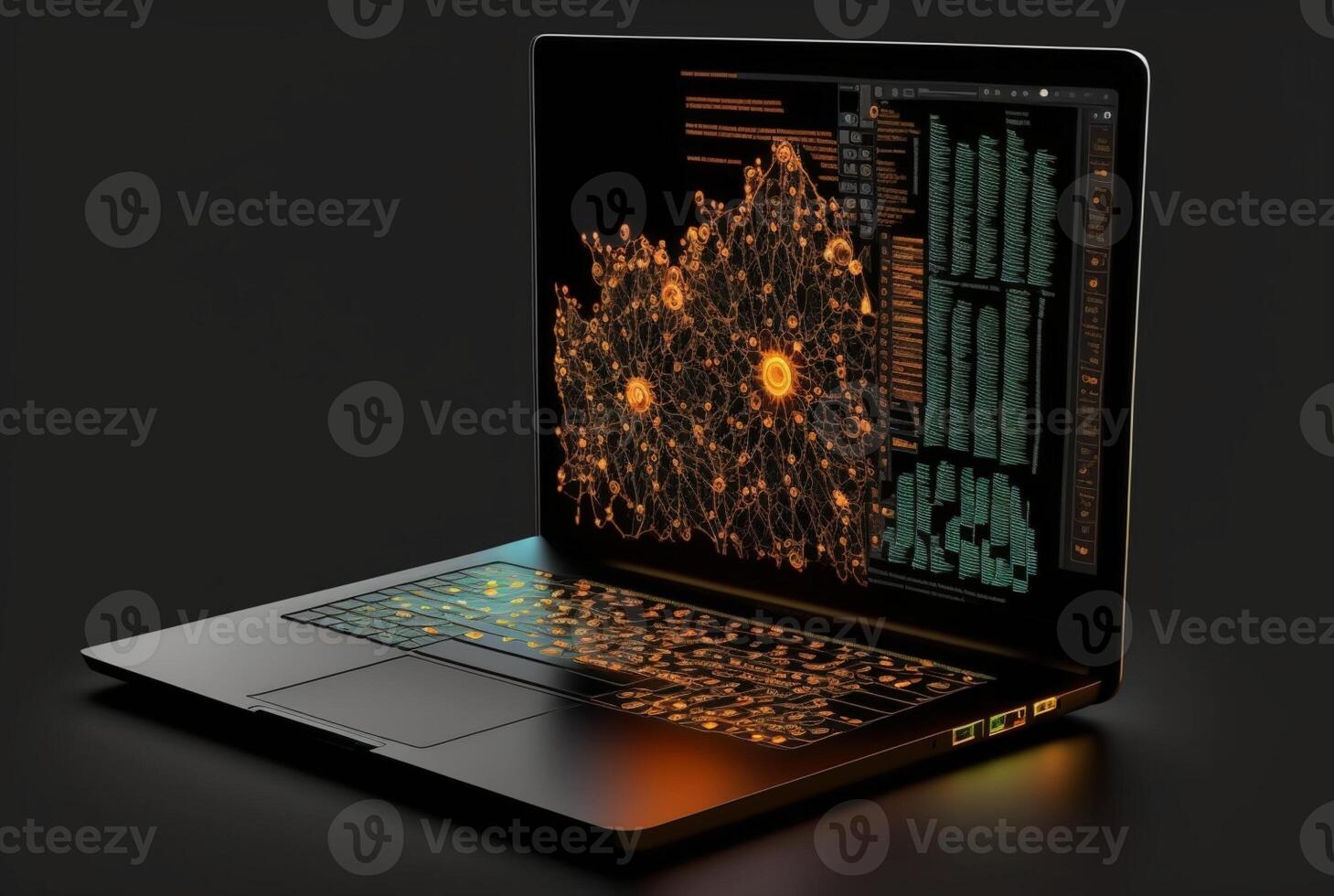 laptop with data analytics isolated black background. photo
