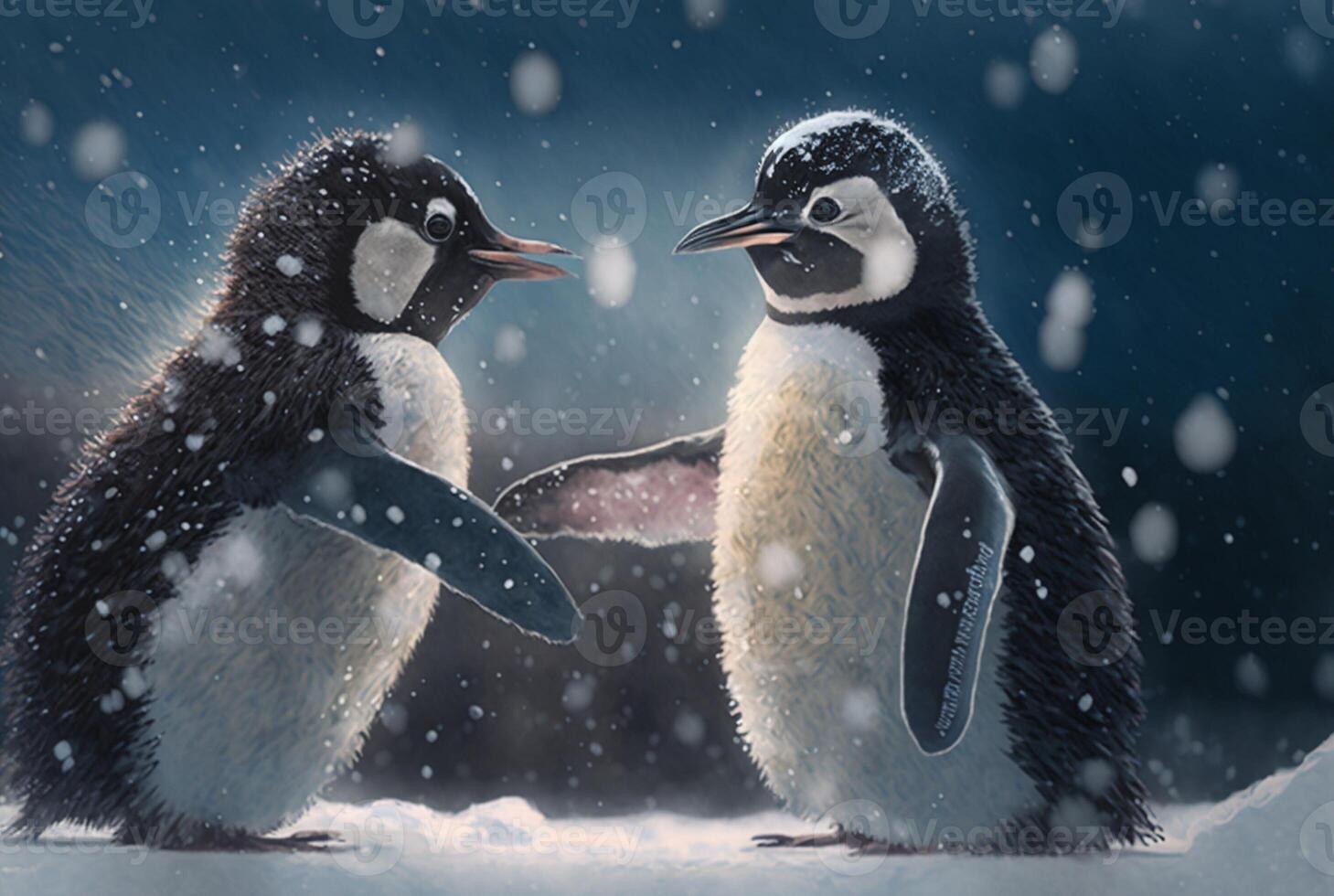 penguins playing in the snow. photo