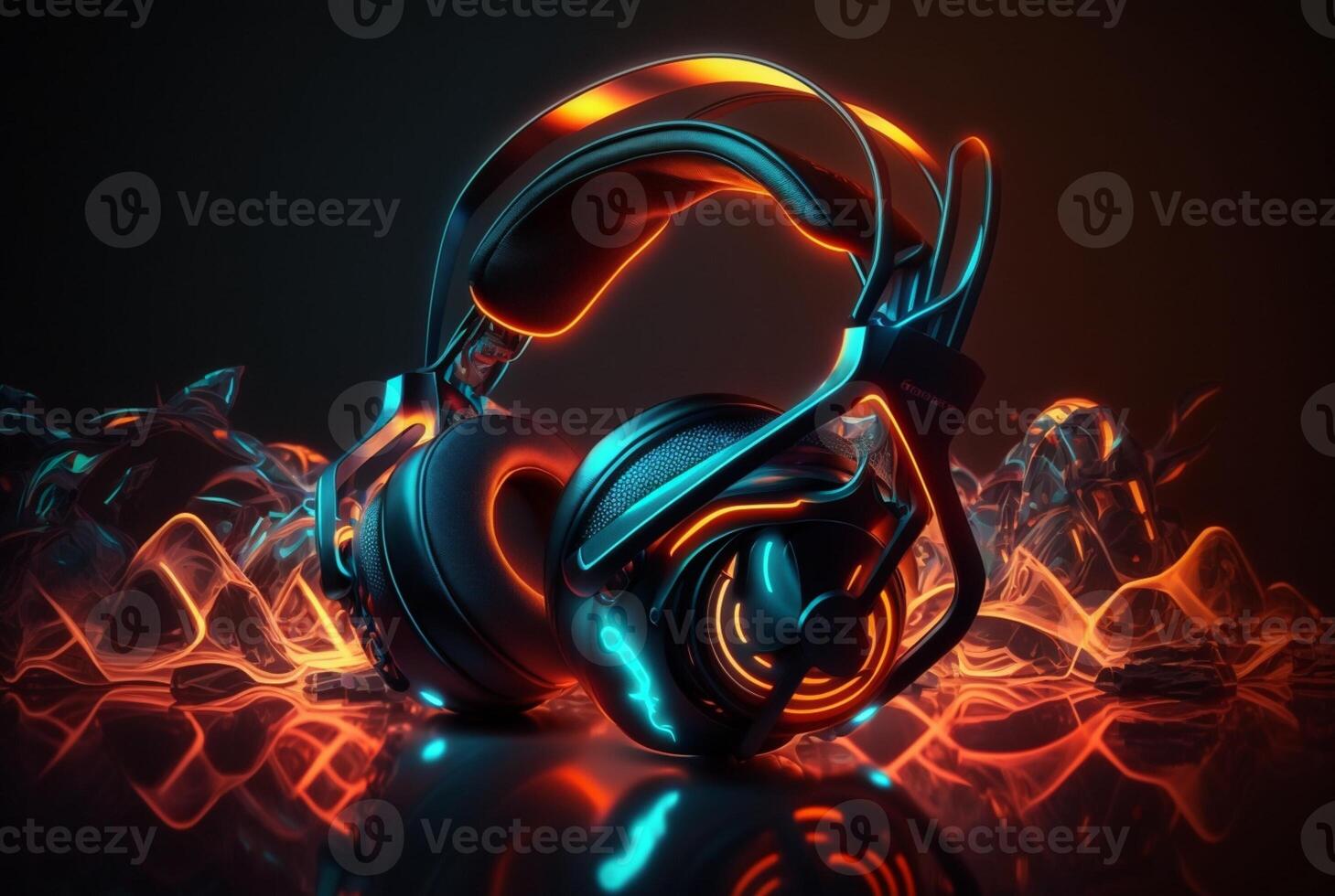 Headphones with neon light on dark background. photo