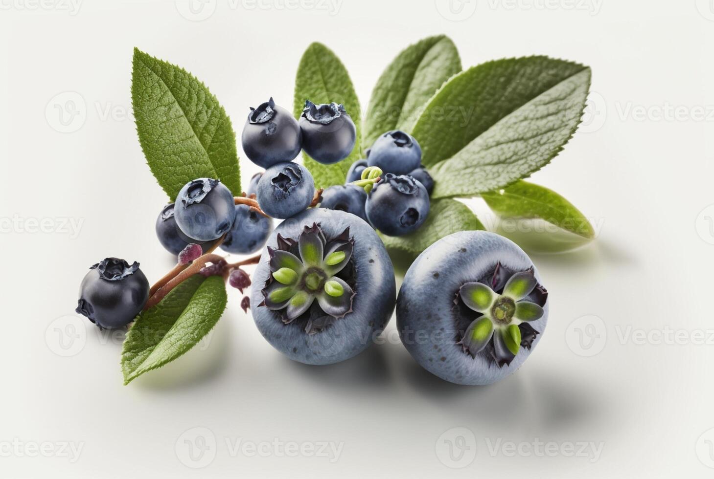 blueberries with leaves isolated on white background. photo