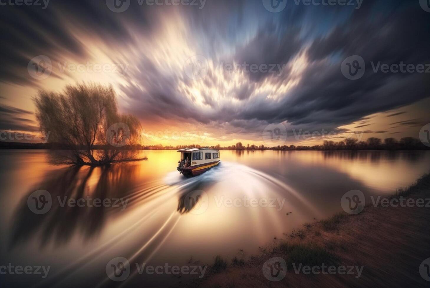 landscape view of ship on river and sunset, photo