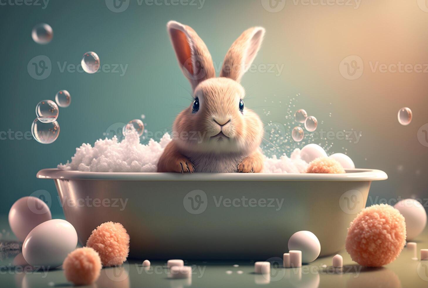 cute bunny taking a bath in a bath with balls. photo