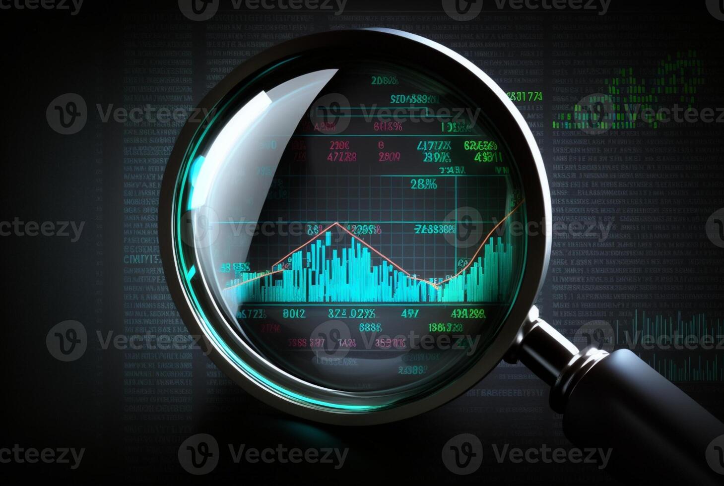 Magnifying glass search for investment and stock market. photo