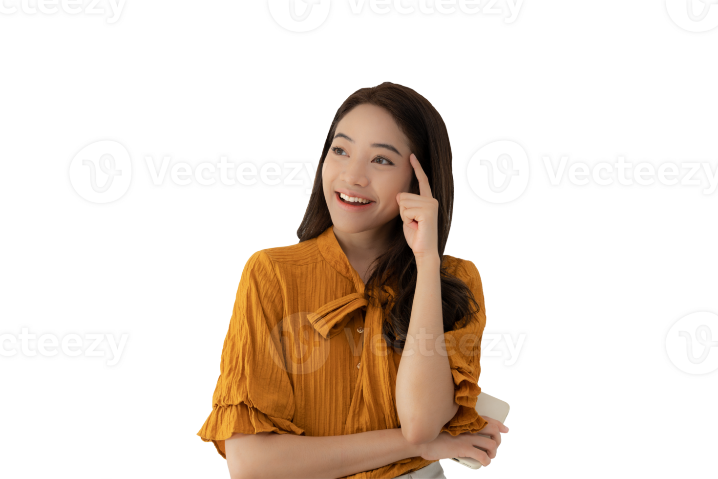 Portrait asian beautiful girl looking blank space isolated background. Happy woman look on something. young female standing pointing finger sideways, billboard, introduction, advertisement, space png