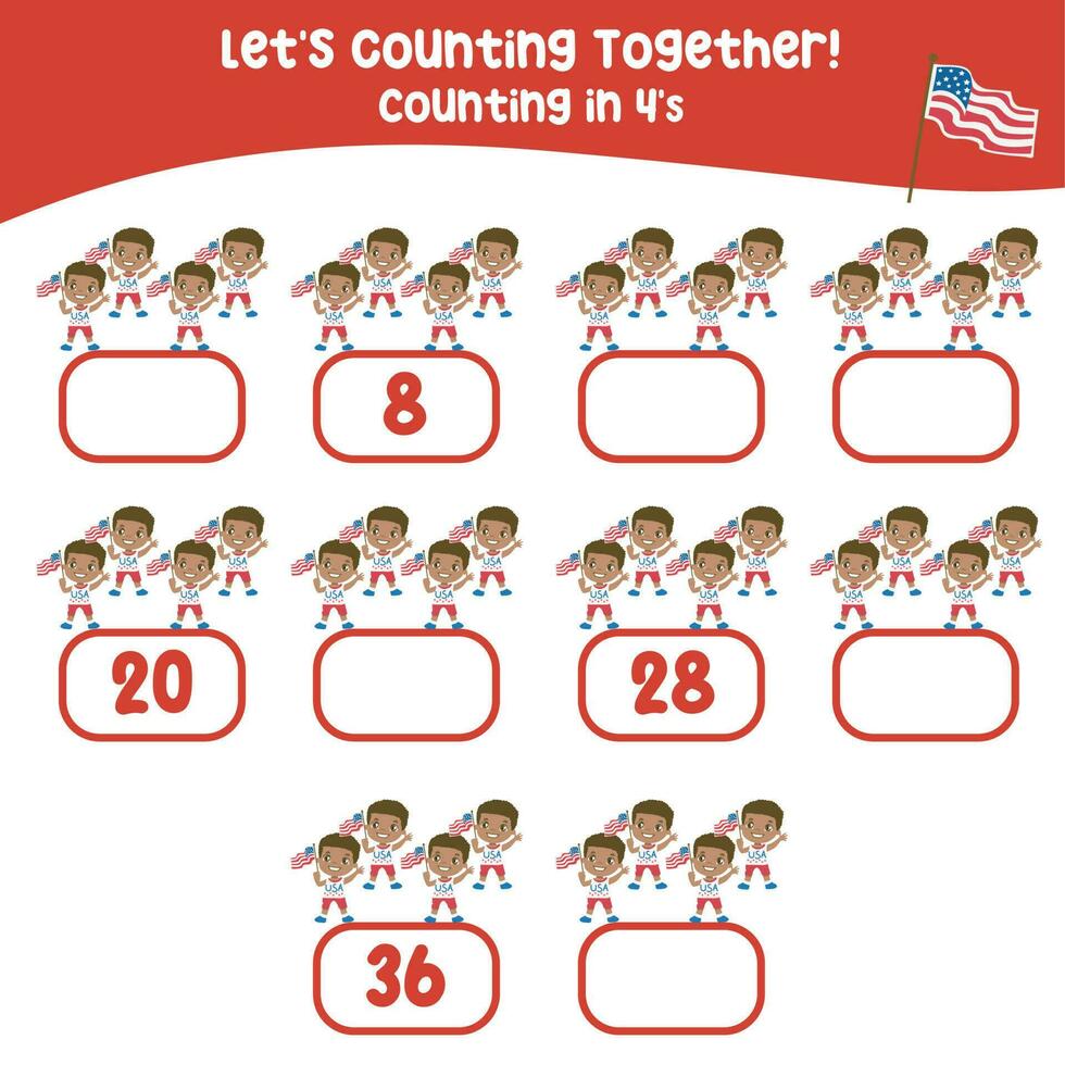 Mathematic counting worksheet. Math activity, count and write the missing numbers, math multiples. Educational printable math worksheet for children. Vector File.