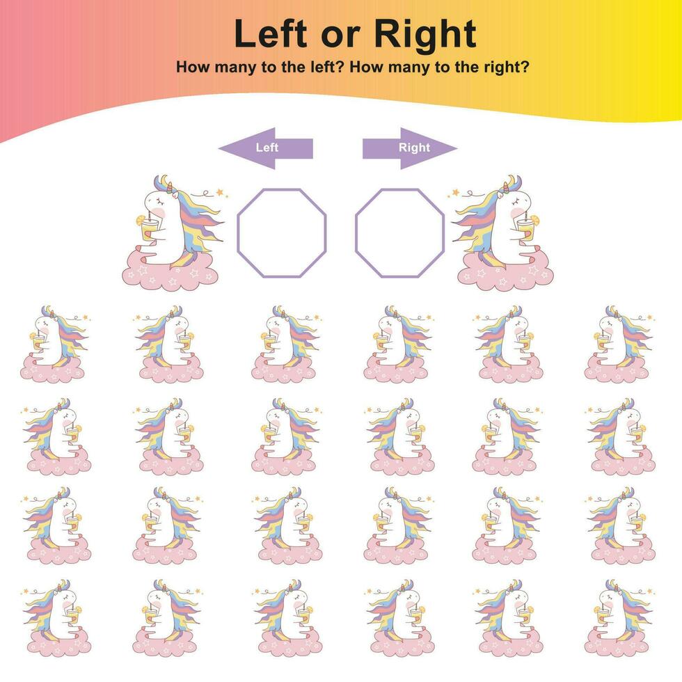 Mathematic activity page. Calculate and write the result. Left or Right worksheet for Children. Counting unicorns. Educational printable math. Vector file.