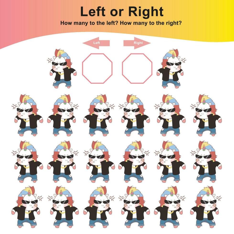 matemático actividad página. calcular y escribir el resultado. izquierda o Derecha hoja de cálculo para niños. contando unicornios educativo imprimible matemáticas. vector archivo.