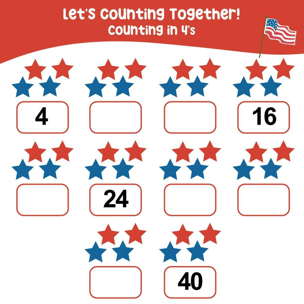 Mathematic counting worksheet. Math activity, count and write the missing numbers, math multiples. Educational printable math worksheet for children. Vector File.