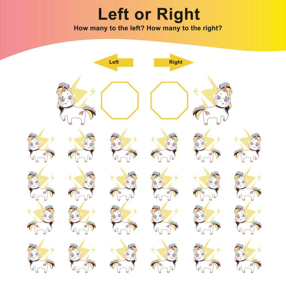 matemático actividad página. calcular y escribir el resultado. izquierda o Derecha hoja de cálculo para niños. contando unicornios educativo imprimible matemáticas. vector archivo.