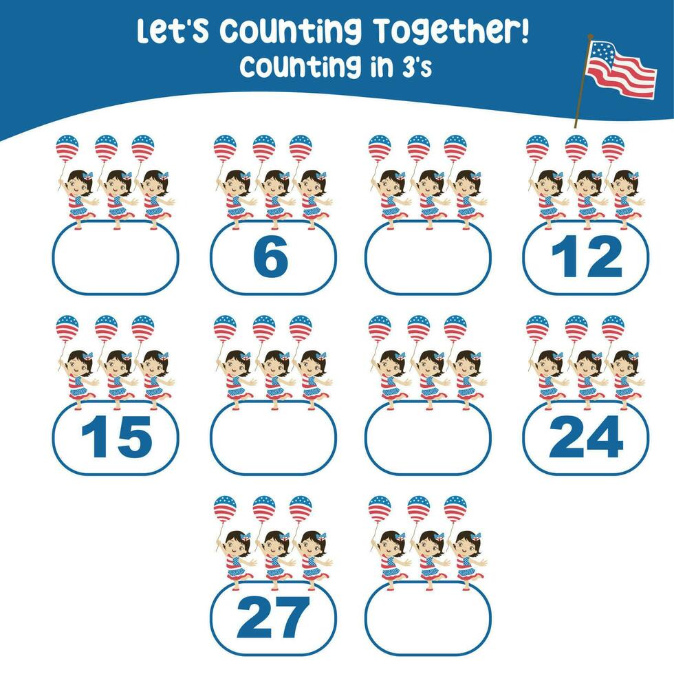 Mathematic counting worksheet. Math activity, count and write the missing numbers, math multiples. Educational printable math worksheet for children. Vector File.