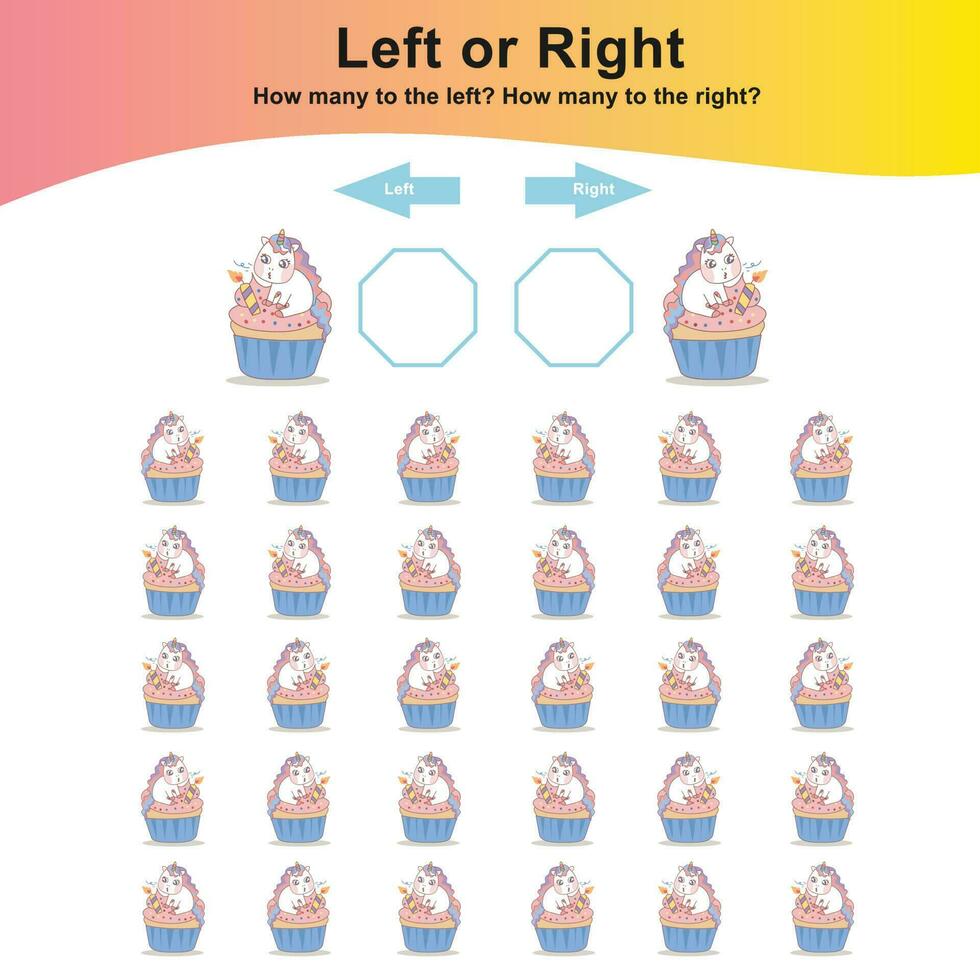 Mathematic activity page. Calculate and write the result. Left or Right worksheet for Children. Counting unicorns. Educational printable math. Vector file.