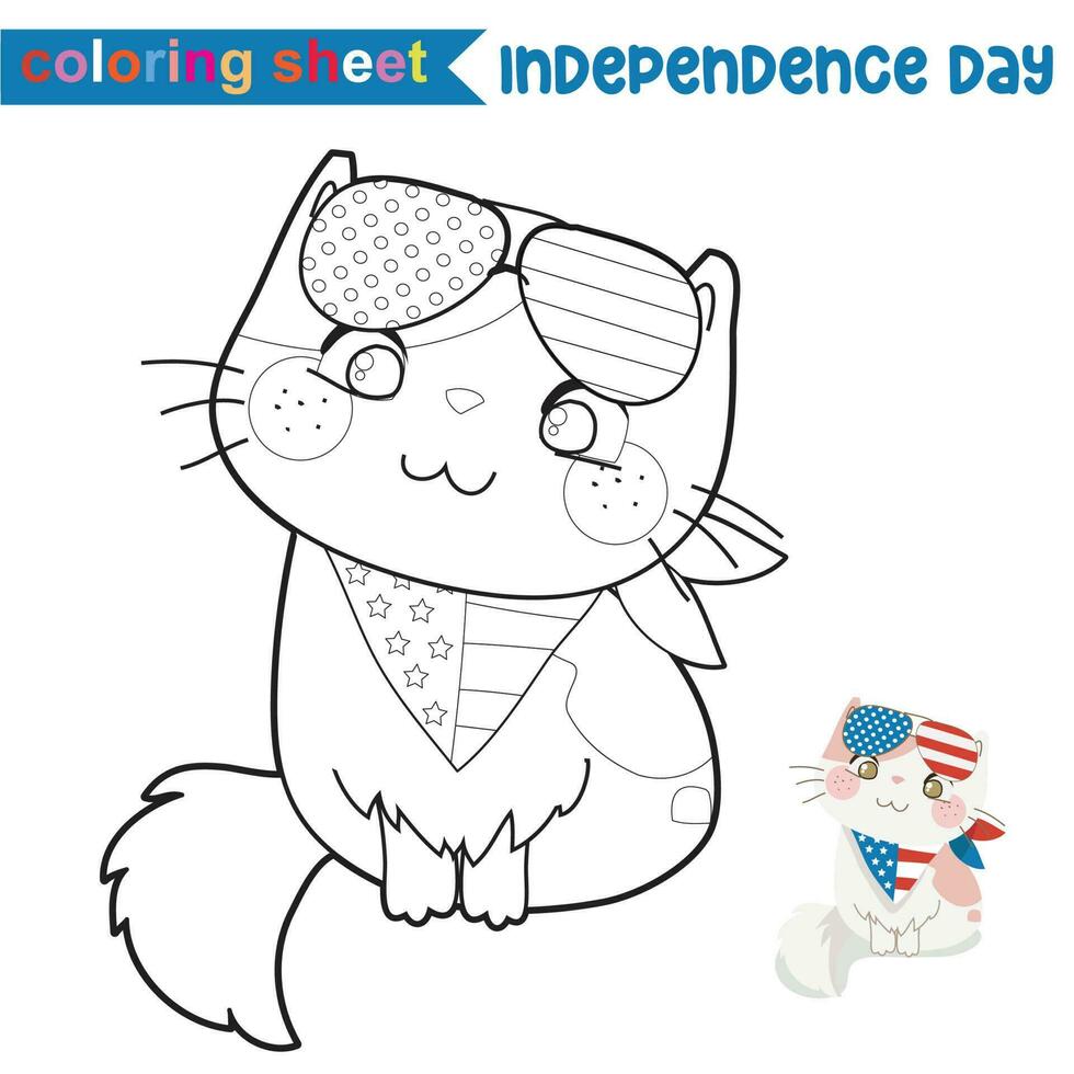 Coloring activity for children. 4th of July coloring page for kindergarten and preschool children. Coloring kitten. Educational printable coloring worksheet. Vector file.