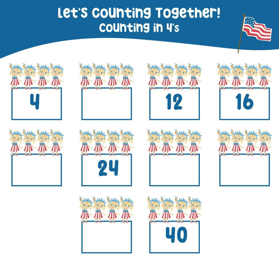 Mathematic counting worksheet. Math activity, count and write the missing numbers, math multiples. Educational printable math worksheet for children. Vector File.