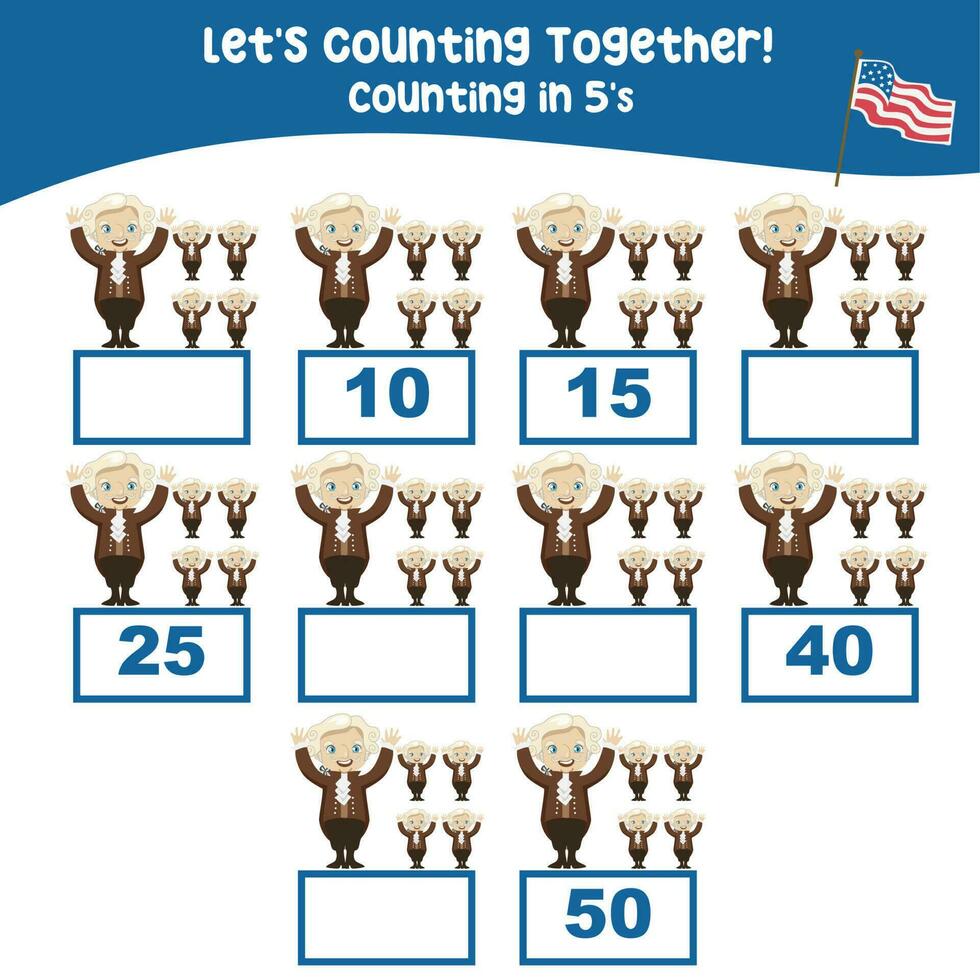 Mathematic counting worksheet. Math activity, count and write the missing numbers, math multiples. Educational printable math worksheet for children. Vector File.