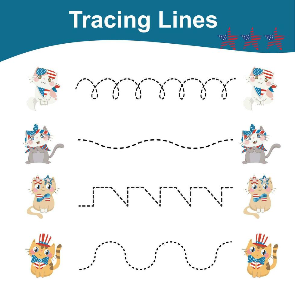 Tracing Lines Game Fourth July Edition. Worksheet activity for kids. Motoric activity for children. Educational printable worksheet. Vector File.