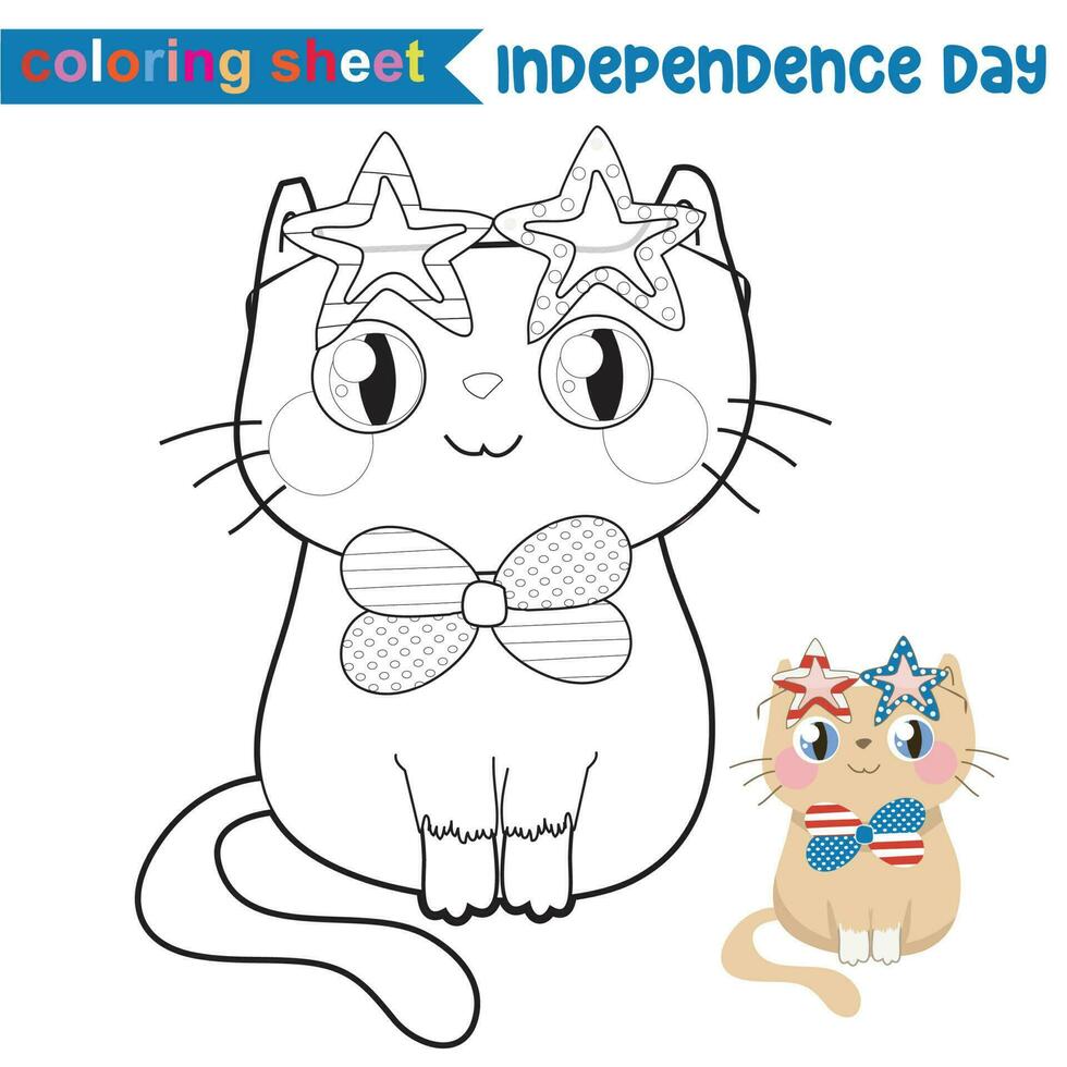 Coloring activity for children. 4th of July coloring page for kindergarten and preschool children. Coloring kitten. Educational printable coloring worksheet. Vector file.