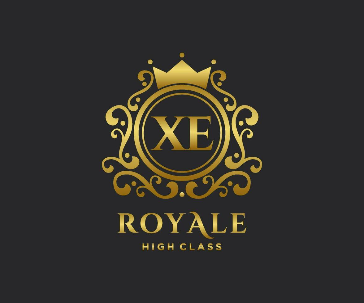 Golden Letter XE template logo Luxury gold letter with crown. Monogram alphabet . Beautiful royal initials letter. vector