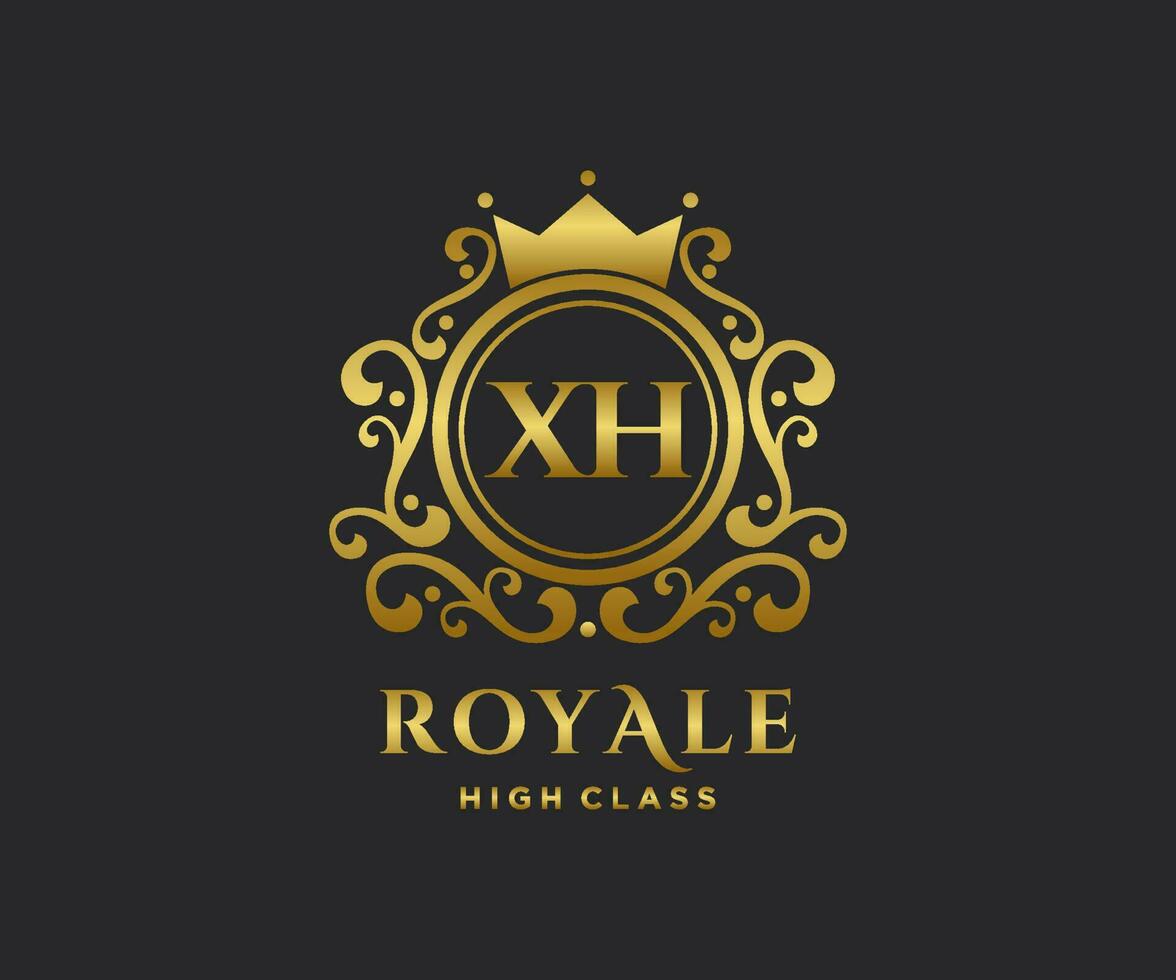 Golden Letter XH template logo Luxury gold letter with crown. Monogram alphabet . Beautiful royal initials letter. vector